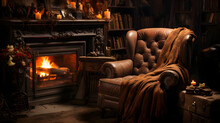 Old-fashioned Chair By A Fireplace, With Blanket