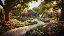  A Painting Of A Garden With A Stone Path Leading To A Gazebo And A Gazebo In The Distance With Trees, Shrubs, And Flowers, And Rocks.