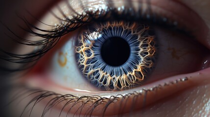 Poster -  a close up of a person's eye with a blue iris and gold details on the iris of the eye and the iris of the iris of the eye.