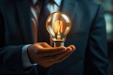 Poster - A close-up of a businessman's hand holding a lightbulb, symbolizing the idea generation and innovation in business. Concept of creative thinking. Generative Ai.