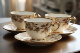Fototapeta  - A set of elegant porcelain teacups and saucers arranged on a tabletop, representing refined tea culture. Concept of sophisticated tea enjoyment. Generative Ai.