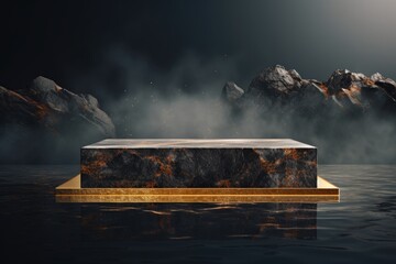 Wall Mural - A stone bench sitting in the middle of a body of water. Perfect for adding a peaceful and serene touch to any project