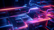 Neon colored cubicals and light strips with reflective windows, in the style of rendered in cinema4d, dark blue and pink, impressionistic still-life, smooth and curved lines, shallow depth of field