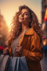 Poster - A woman holding shopping bags walks along a bustling city street. Perfect for illustrating the joy of shopping or urban lifestyle concepts