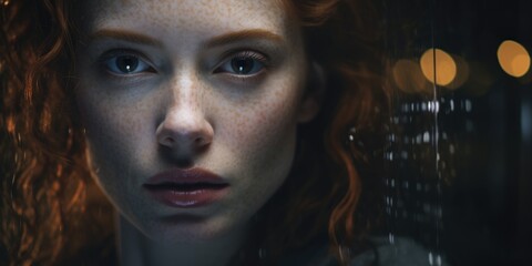 Poster - A close-up shot of a woman with freckles on her face. This image can be used to showcase natural beauty and diversity