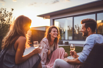 Friends having party in front of modern house, drinking wine, celebrating birthday. Evening light.