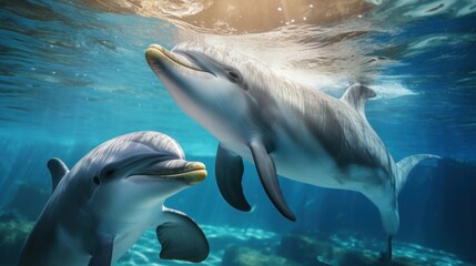 Wall Mural -  a couple of dolphins swimming next to each other on a body of water with sunlight coming through the water and a person in the water behind them looking at the dolphins.