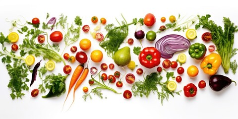  Fresh and colorful fruits and vegetables arranged on a clean white background. Perfect for healthy eating, nutrition, and cooking concepts