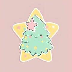 Sticker smiling Christmas tree on a bright background. The Christmas star as a symbol of the birth of the savior.