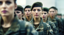 Group Of Women In Military Digital Camo Uniforms Standing At Army Ceremony Or Presentation. Generative AI