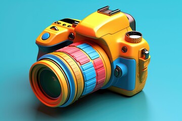 Wall Mural - cute yellow toy digital camera on blue background