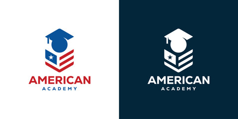 Wall Mural - American Academy Logo Design. Book and American Flag Combination For American Student Logo. Icon Symbol Vector Design Template.