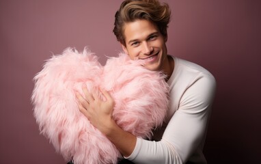 A happy handsome man hugging a plush pink heart