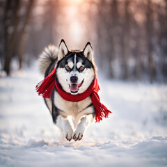 Wall Mural - Husky dog running in snow with a red winter scarf