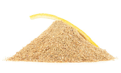 Wall Mural - Pile of dried lemon peel powder and fresh lemon skin isolated on a white background