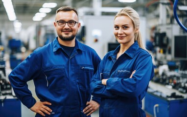 Workers in factory wearing blue uniform