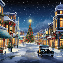 Vintage Painting Of Christmas City Background At Winter Night In December Greeting Card 