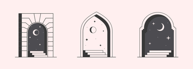 Wall Mural - Vector mystic logo design templates with portals,steps,night,stars,crescent moon.Surreal abstract illustrations with moroccan arch.Magical emblem in oriental style.Branding design templates.