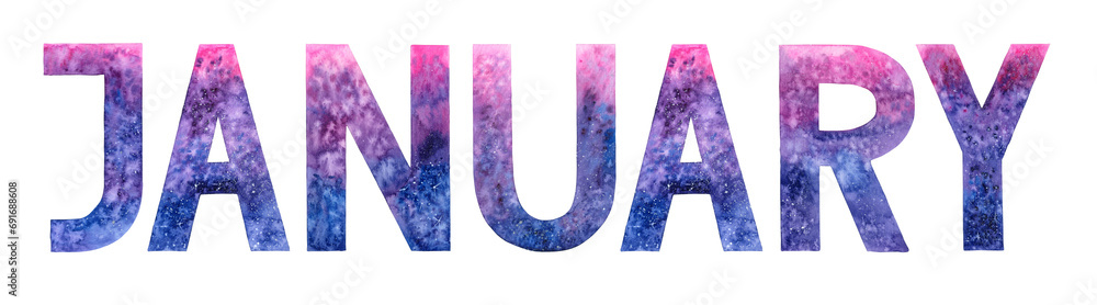 January Text/graphics Watercolor hand drawn lettering isolated background. Handwritten ...
