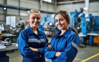 Workers in factory wearing blue uniform