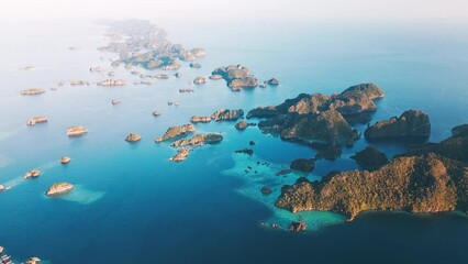 Wall Mural - Aerial view of the South West Papua's seascape with lots of islands. Misool region with islets and tropical lagoons in Raja Ampat, Indonesia