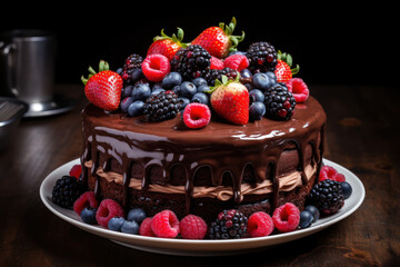 Poster - A close-up of a vegan chocolate cake with rich ganache and fresh berries on top. Concept of a decadent and cruelty-free dessert. Generative Ai.