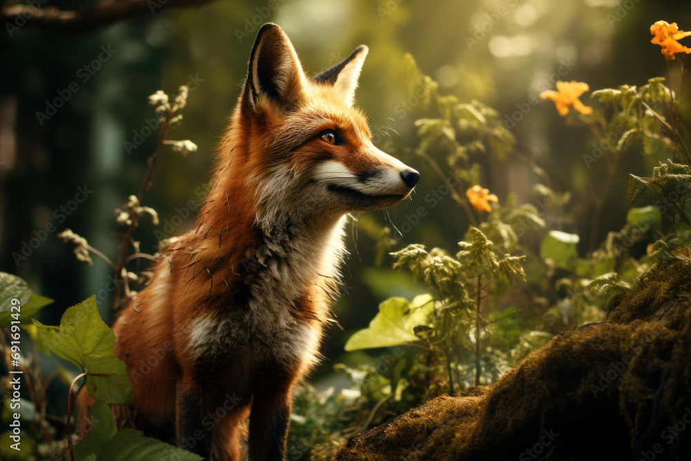 A curious fox exploring a lush forest, embodying the adaptability and ...