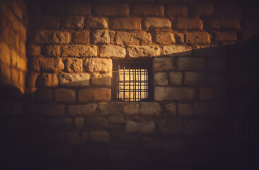 Old barred window in the wall of a prison