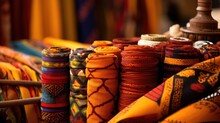 Colorful, Rolled African Textiles On Display With Intricate Patterns