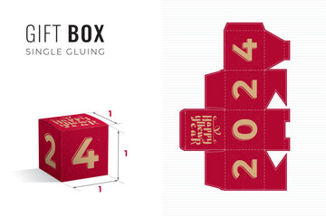 Happy New Year 2024 Gift Box Cube Die Cut Template with 3D Preview - Light Blueprint Layout with Cutting and Scoring Lines over Gold Lettering on Red - Packaging Graphic Design