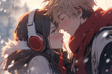 Beautiful Couple Of Embarrassed Anime Girl And Boy In Love Under Snowfall