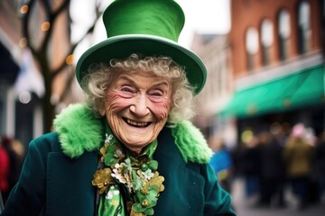 A radiant elderly woman, adorned in festive leprechaun clothes and a hat for St. Patrick's Day, graces the city street with her infectious smile, spreading joy and festive cheer