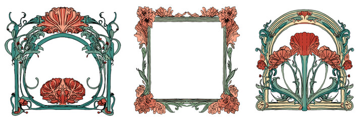 Three frame vector set of red carnation flower art nouveau design element