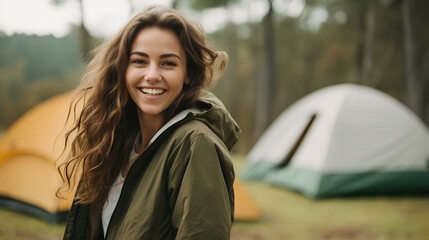 Wall Mural - a happy young woman enjoying camping in a beautiful outdoor setting with camping gear. generative AI