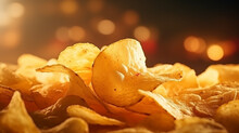 Natural Potato Chips Close-up, Background Golden Texture Fried Potatoes, Fast Food