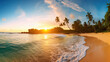 Tropical island and clear blue sea, sunrise or sunset