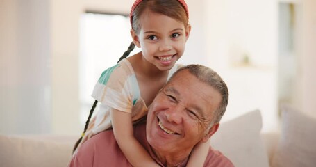 Wall Mural - Grandparent, child and embrace with smile, sofa and grandpa with love, grandchild and couch. Man, happy and lounge or bonding together for relationship, family and retired with girl, house and care