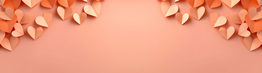 Wall Mural - peachy pastel  origami hearts on pastel background, vibrant paper craft with copy space in the color of the year 2024 peach fuzz 