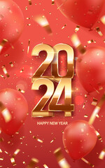 Wall Mural - Happy new year 2024 background. Golden shiny numbers on a red background with golden confetti and balloons. Holiday greeting card design.