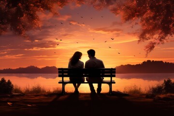Wall Mural - couple sitting on a bench at sunset 