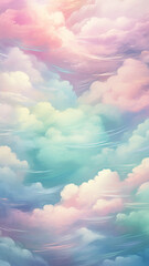 Sticker - high narrow watercolor cumulus clouds light abstract background gentle pastel soft color pink white and blue painting