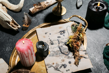 Wall Mural - Witch's magic attributes with spell paper sheet, burning candles and dry flowers on dark table, closeup