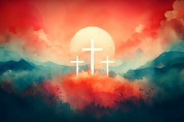 Wall Mural - Watercolor drawing with a cross, a symbol of the Christian faith. Background with selective focus and copy space