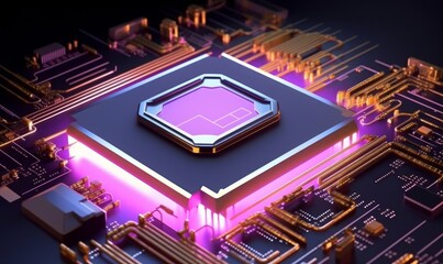 3D rendering abstract isometric clean render of luminescent processor, integrated circuit and motherboard with coils and capacitors, printed circuit board in cyberpunk, Generative AI 