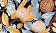 Banksia Native Flowers Pattern Fabric Textile Art Eco Nature Botanical Soft Colours Eco Natural Colours Muted Tones soft pink and orange, red, blue shades, leaves 