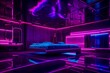 A vibrant neon-lit bedroom with a neon aquarium as a headboard, casting a colorful underwater glow throughout the room, blending technology with nature