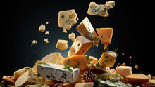 Cheese Composition. Different Types Of Cheese, Pieces, Levitation. Generative AI.