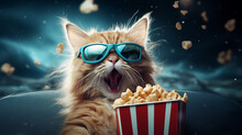 Ginger Cat With Sunglasses Watching A Movie And Eating Popcorn