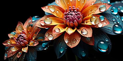 Wall Mural - Vibrant flowers with dewdrops on petals against a dark background.