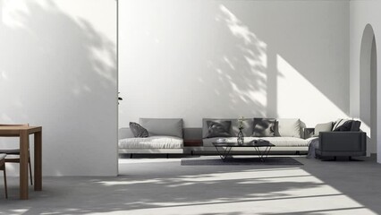 Wall Mural - 3D animation of modern loft style dining and living room There are whte paint wall and concrete floor decorate with wooden table and gray fabric sofa sunlight shining into the room.